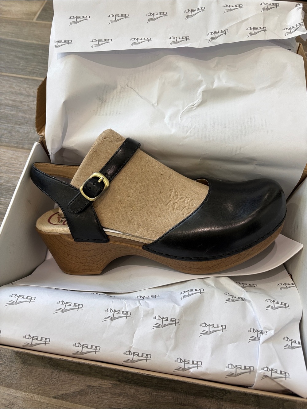 Dansko Black and Tan Leather Suede Slingback Clog with Buckle